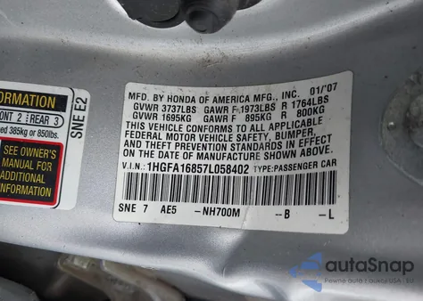 2007 Honda Civic Ex из США, поврежденный, VIN 1HGFA16857L058402